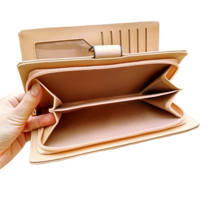 TD® Porte Feuille Long Femme en Cuir PU de Couleur Noir(e) Motifs Incrustés Double Fermeture Zip Bouton à Pression Détails Dorés