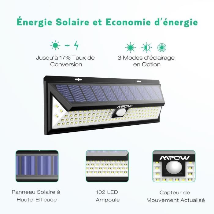 TD® Lot de 2 pièces Lampes LED Eclairage Solaire Extérieur/ Lampe Solaire Étanche Détecteur de Mouvement 3 Modes d’éclairage 270°