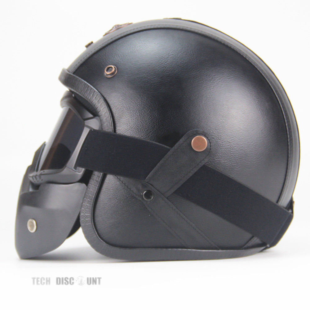 TD® Casque moto cross enfant homologué homme femme modulable vintage jet bluetooth intégré en cuir noir artificiel harley davidson