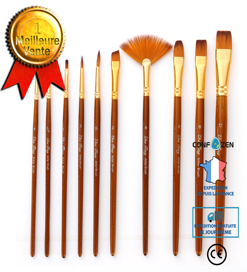 10 pinceaux, poteau en bois de lin, stylo aquarelle, cheveux en nylon, ensemble de pinceaux combinés, gouache en forme d'éven