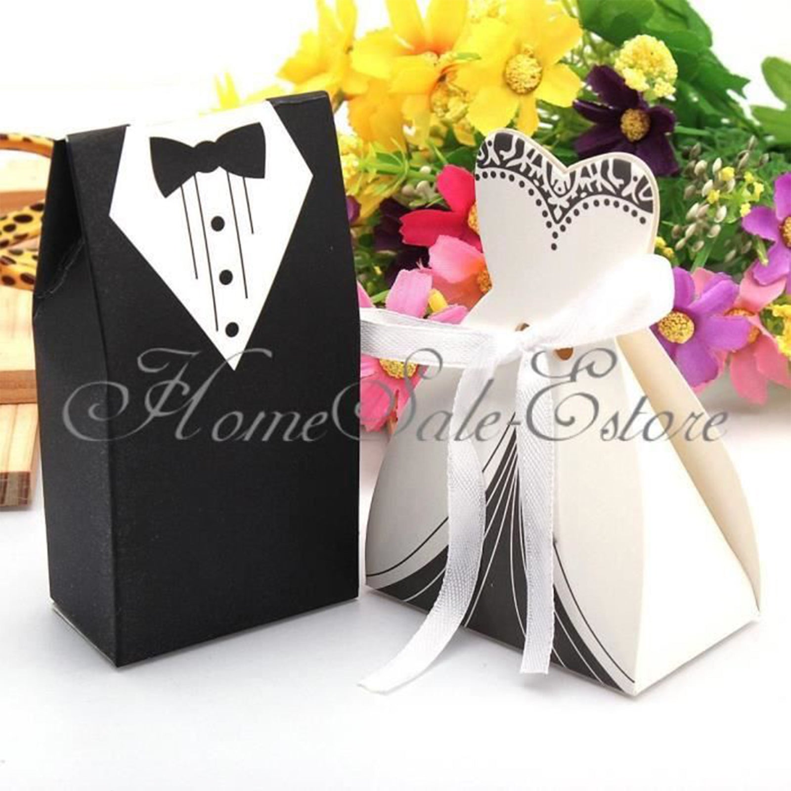 TD® Lot de 100 pcs Boîte à Dragées Mariage Cadeau Invités/ 50 pcs Marié noir + 50 pcs Mariée blanc, Chocolat bonbons