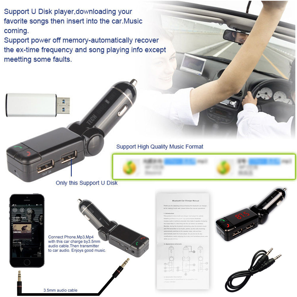TD® Kit voiture bluetooth musique samsung usb transmetteur FM sans fil adaptateur radio chargeur MP3 mains libres iPhone smartphones
