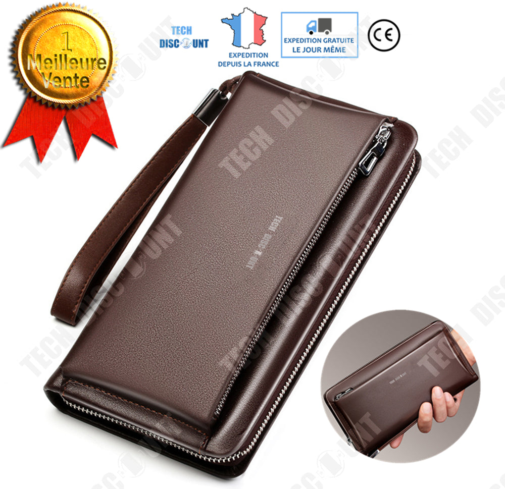 TD® portefeuille homme cuir veritable adolescent garcon slim carte d'identité marron grand format protection monnaie fermeture eclai