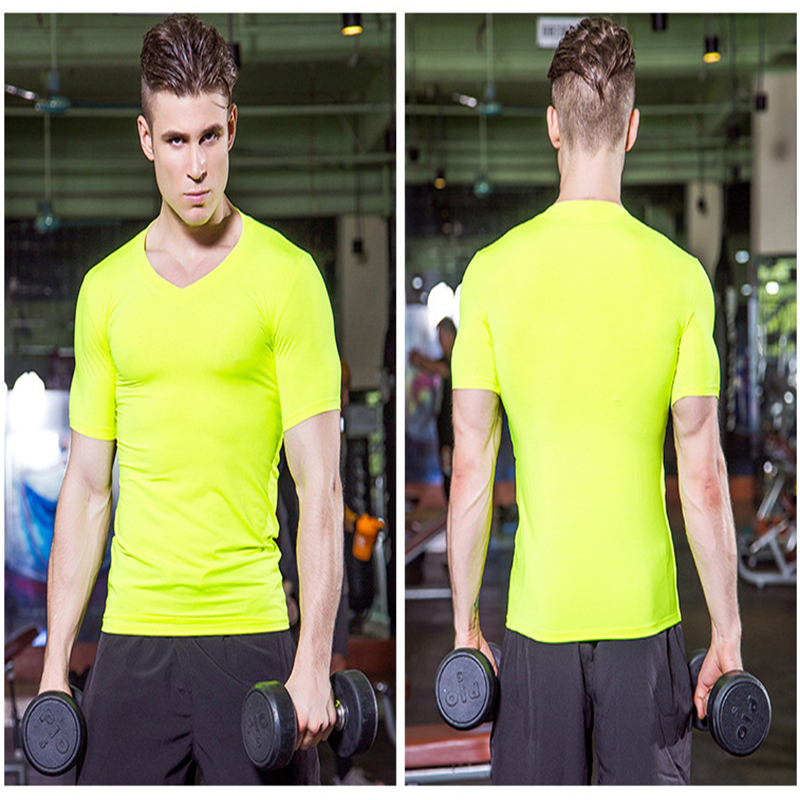 T-shirt à manches courtes pour hommes à col en V moulant à manches courtes PRO fitness running sports entraînement à manches