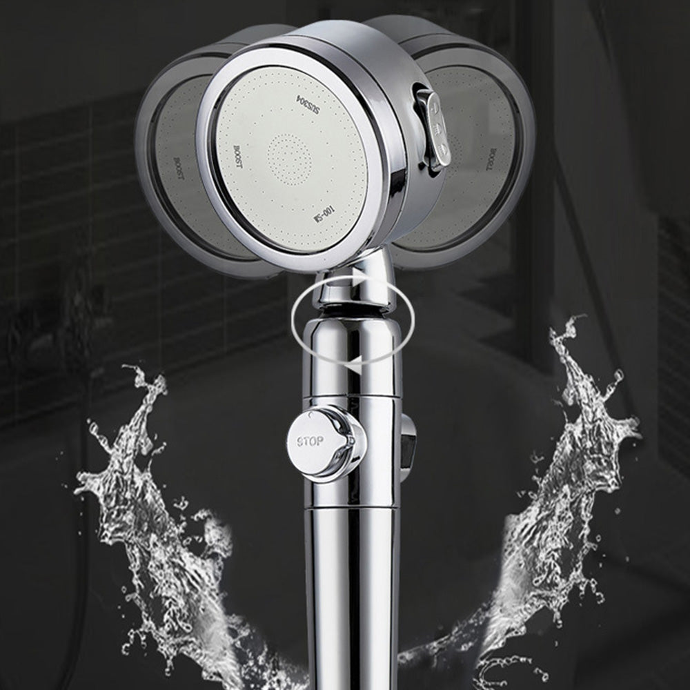 Pomme de douche pressurisée   Trois vitesses réglables  Pivot à 360  Filtrée et pressurisée  Arrêt de l'eau par une seule touche
