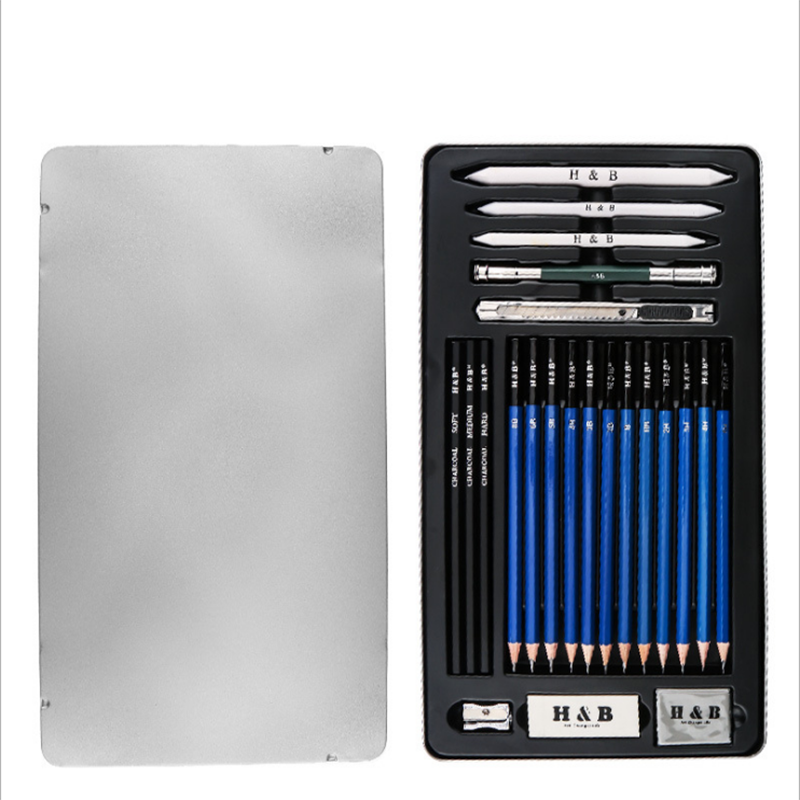 Ensemble de dessin au crayon de croquis Ensemble de 23 pièces pour le dessin d'art débutant Boîte en fer blanc Ensemble de cr