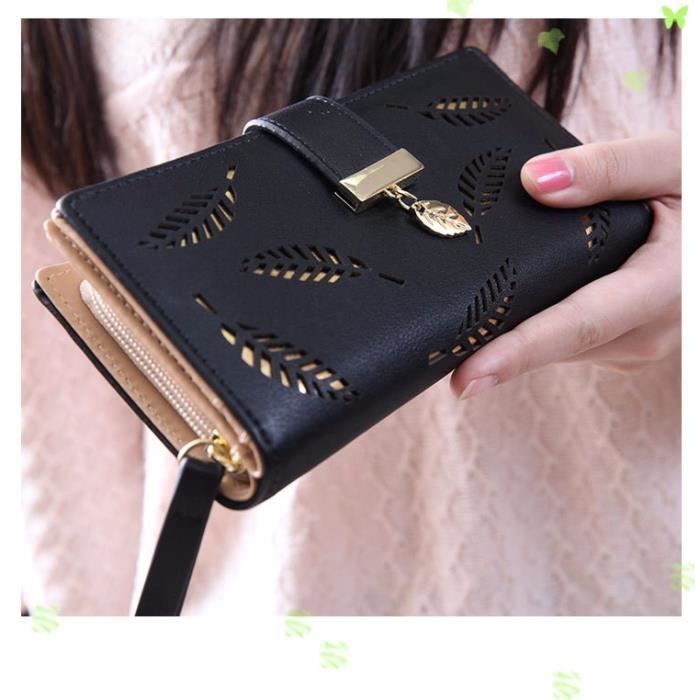 TD® Porte Feuille Long Femme en Cuir PU de Couleur Noir(e) Motifs Incrustés Double Fermeture Zip Bouton à Pression Détails Dorés