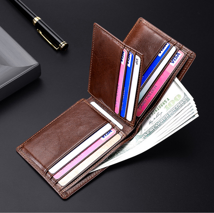 Portefeuille homme Brosse antivol anti-RFID anti-magnétique Portefeuille européen et américain en cuir huilé rétro Personnali