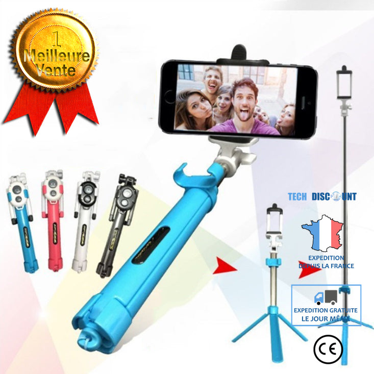 TD® Télescopique tripode Self-stick bleu - Trépied Bluetooth selfie stick bleu - Canne à selfie pour divers modèles
