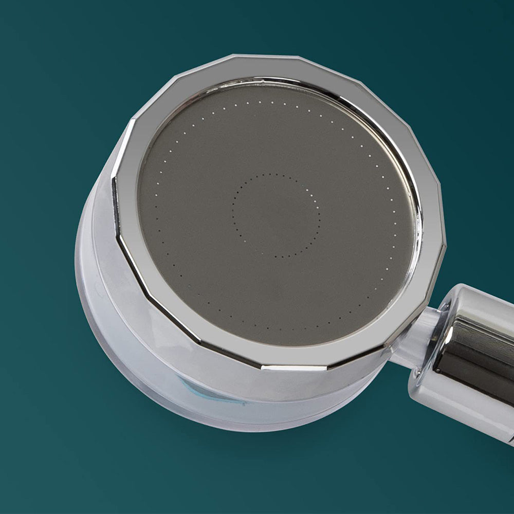 Pomme de douche pressurisée   Raccordement 4 points  Orientable à 360   Filtrée et pressurisée   Arrêt de l'eau par simple pression