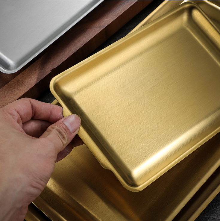 Assiette rectangulaire en acier inoxydable 304 épaissie Assiette de barbecue coréenne, assiette à sushi, plateau à fond plat