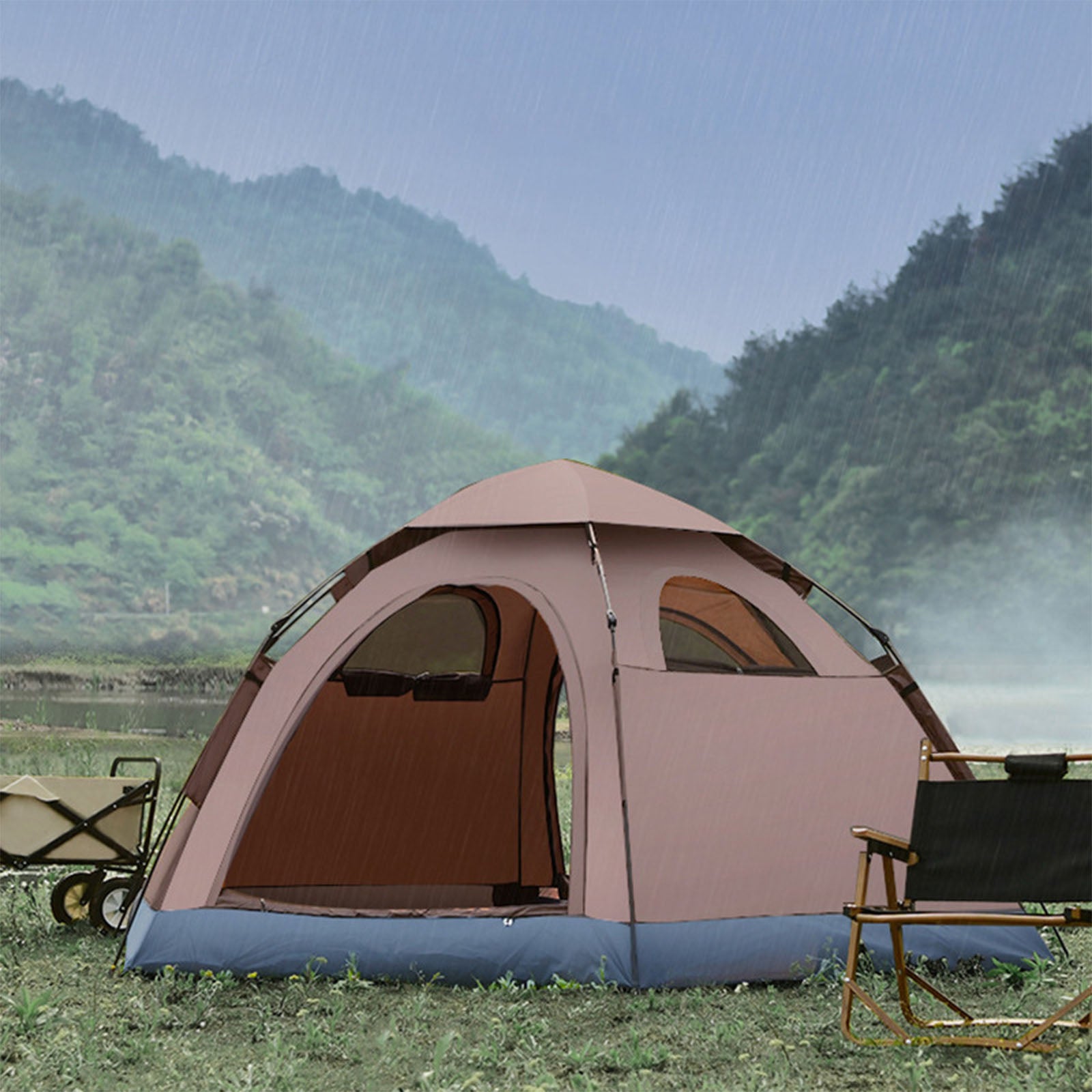 TD® Filet de camping en plein air rouge à ouverture rapide automatique anti-tempête épaississant équipement de camping tente hexagon