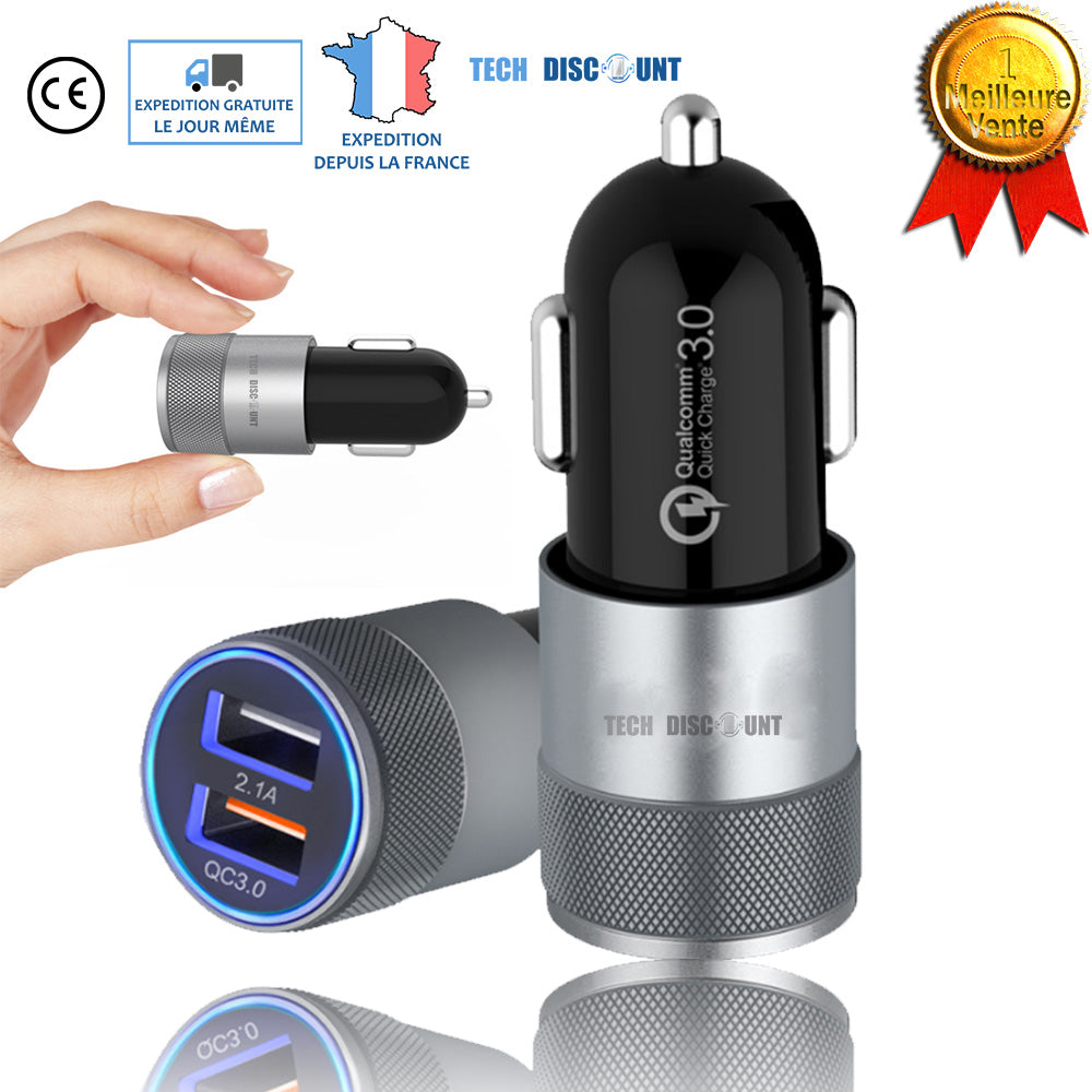 TD® Chargeur Téléphone Voiture 2 ports USB Universel Compact 12V-24V Intélligent Apple Samsung Huawei Android Smartphone Tablette