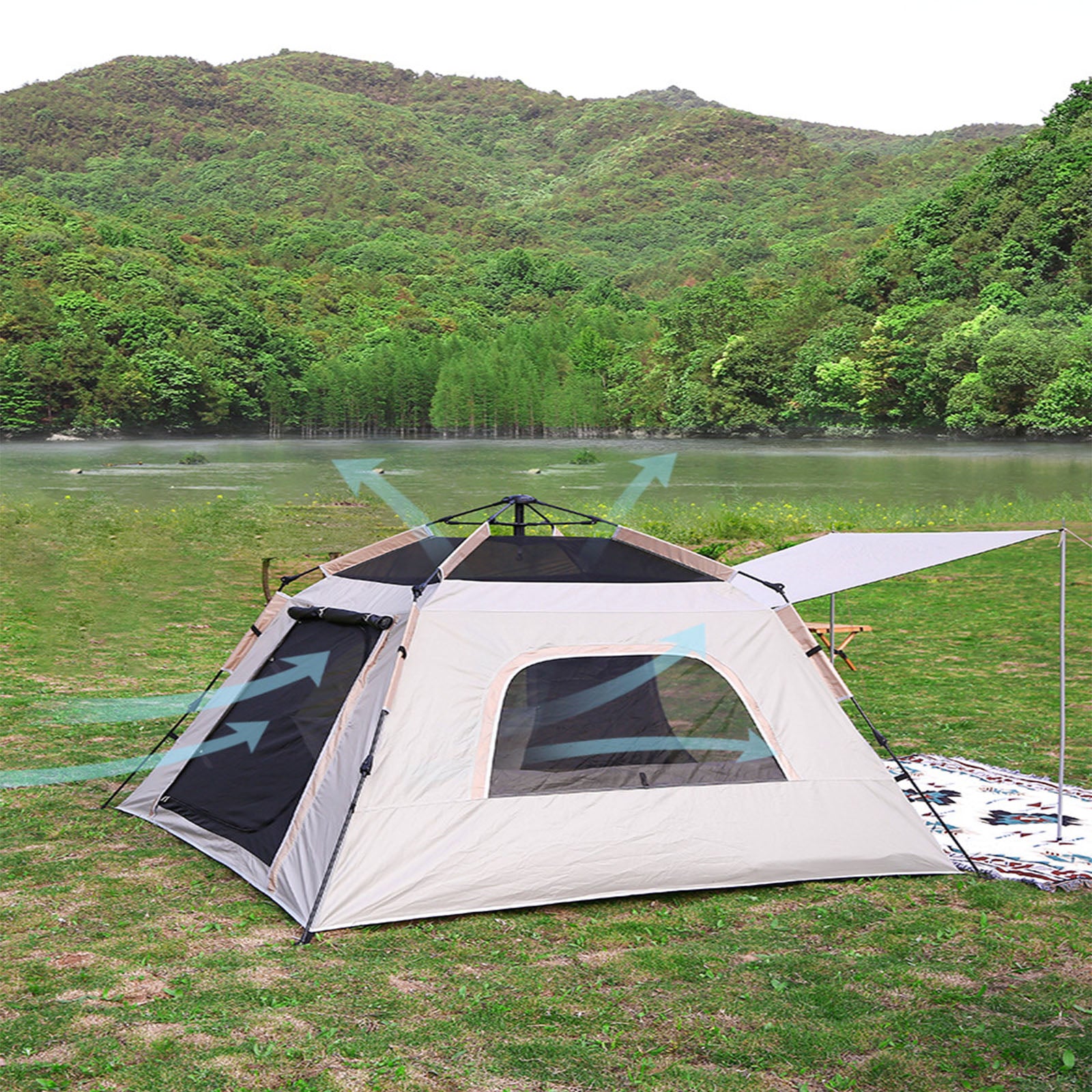 TD® Camping en plein air tente automatique en vinyle à deux portes à deux fenêtres tente de parc automatique pliante à quatre côtés