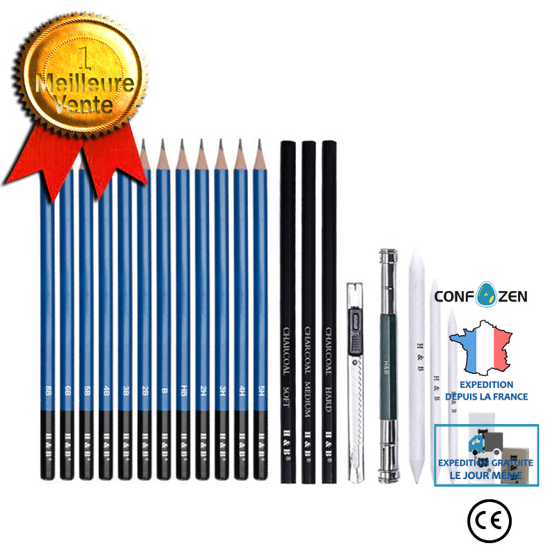 Ensemble de dessin au crayon de croquis Ensemble de 23 pièces pour le dessin d'art débutant Boîte en fer blanc Ensemble de cr