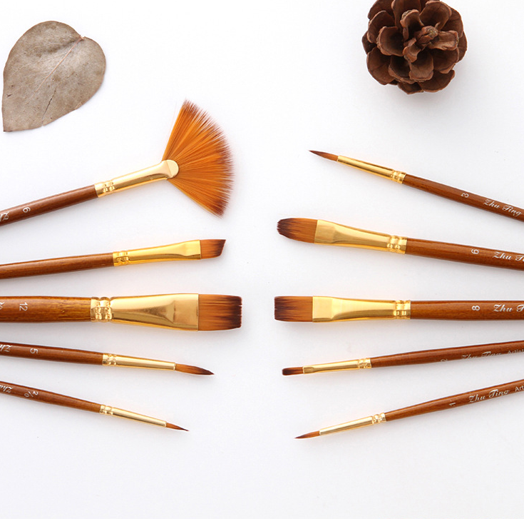 10 pinceaux, poteau en bois de lin, stylo aquarelle, cheveux en nylon, ensemble de pinceaux combinés, gouache en forme d'éven