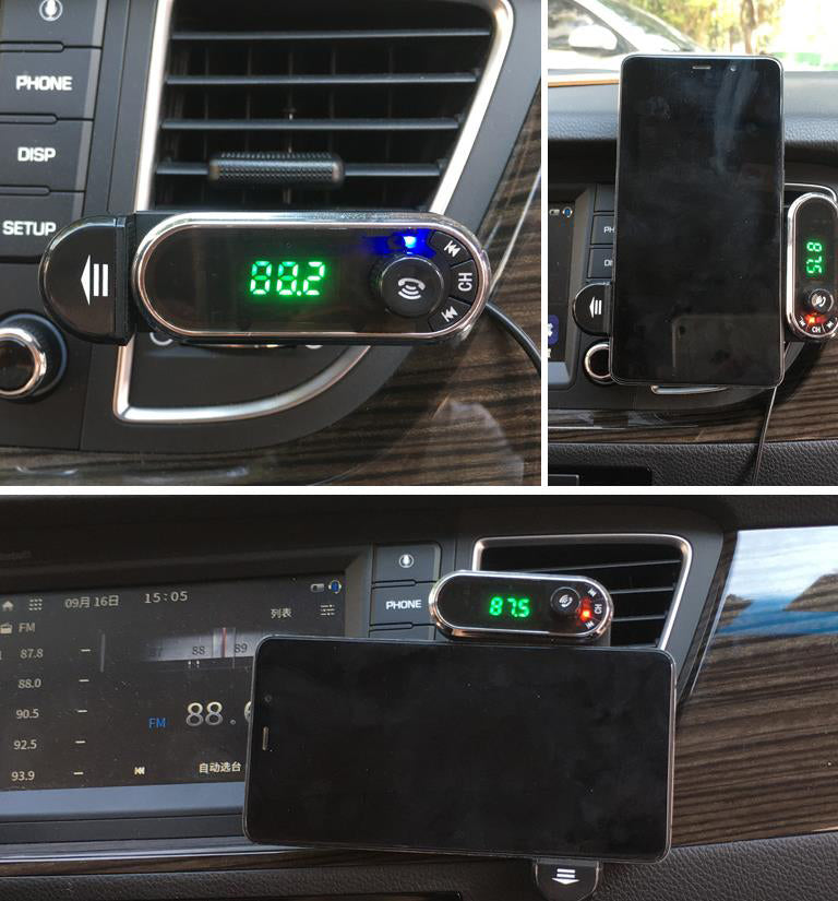 TD® Support téléphone voiture Transmetteur FM mains libres multifonction Bluetooth Lecteur MP3 Alimentation USB solide puissance