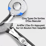 Douche d'arrêt d'eau à un bouton Réglage à 5 positions avec un tuyau de 150 cm Connecteur universel à 4 points Pomme de douche