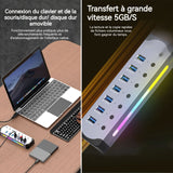 Station d'accueil Port USB 3.0 7 en 1 Éclairage RVB Transmission à grande vitesse Interrupteur indépendant Adaptateur de moyeu