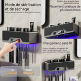 Stérilisateur de brosse à dents 8000mah type-c gris porte-brosse à dents avec 6 emplacements et 3 tasse pour enfants et adultes
