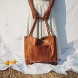 Grand sac pour femme avec poche en cuir souple à bandoulière rétro en cuir ciré grande capacité sac fourre-tout tendance