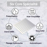 Pomme de douche pressurisée 12" Acier inoxydable Top Spray Electroplated Square Silicone Spout Adjustable Arm Pomme de douche
