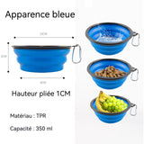 gamelle pliable 350ml pour animaux de compagnie bol en silicone animaux de compagnie avec porte-clés facile à transporter bleu