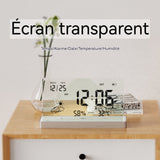 Réveil 13x7,5cm 0,12kg écran acrylique transparent date/température/humidité base en alliage d'aluminium batterie longue durée