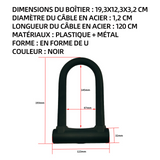 Antivol en U 19.3x12.3x3.2cm métal verrou de vélo en U avec câble d'acier 120cm antivol de vélo cadenas velo antivol couleur noir