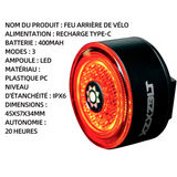 Feu arrière de vélo type-c rechargeable batterie au lithium 400mah intégrée trois modes, étanche modèle intelligent 45x57x34mm