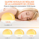 Eveil lumière led réveil simulateur d'aube crépuscule 2 réveils 9 sons naturels fonction snooze veilleuse réveil lumière bluetooth