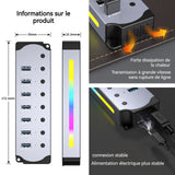 Station d'accueil Port USB 3.0 7 en 1 Éclairage RVB Transmission à grande vitesse Interrupteur indépendant Adaptateur de moyeu