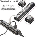 Multiprise electrique 10 ports USB 2.0 prises a poser ou à fixer mur avec alimentation externe moyeux douille témoin fonctionnement