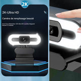 Webcam pour PC 2k rotatif avec lumière circulaire et microphone et trépied streaming webcam mise au point automatique caméra web