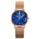 Montre analogique pour femme surface bleu avec bracelet en acier inoxydable montre à quartz élégante cadran ciel étoilé cadeaux