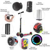 Trottinette enfant noir 3 hauteurs de levage 3 roues silencieuses roues clignotantes mouvement flexible facilité d'utilisation