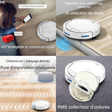 Robot aspirateur 3 en 1 3000Pa APP Recharge Automatique Balayage Et Nettoyage Humide pour Tapis Sols Durs 7,5 cm Ultra-Mince Blanc
