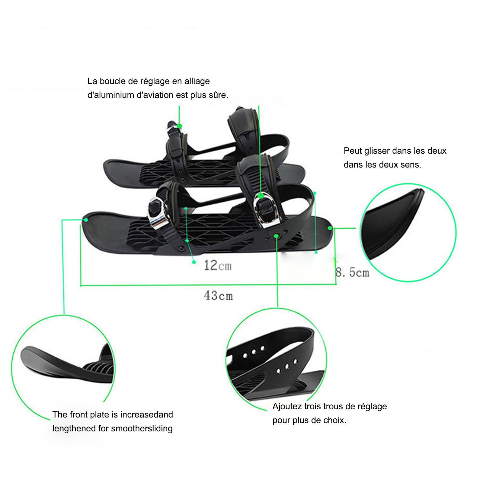 Mini patins à ski courts, patins à neige, mini chaussures de ski réglables à attacher aux bottes de ski pour pistes de descente, parcs enneigés, sentiers de randonnée, ski de plein air Mini patins à ski courts, patins à neige, mini chaussures de ski réglables à attacher aux bottes de ski pour pistes de descente, parcs enneigés, sentiers de randonnée, ski de plein air