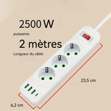 Multiprise electrique Bloc 3 prises 2 USB 1 Type-C avec Interrupteur Longueur câble 2M Protection surtension Multiprise Blanc