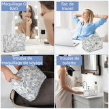 Trousse de toilette 3 pcs de Voyage Pour Femmes Volume élevé Motifs bleus élégants Matière coton À zip Trousse de Maquillage