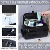 Trousse de toilette 25x14x13cm cuir synthétique crochet de suspension facile à transporter grande ouverture poche avant noir