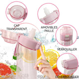 Gourde sport 650ml bouteille d'eau amusante et fruitée goulot courbé avec paille 7anneaux fruités différents rose transparent