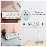 Multiprise electrique Bloc 3 prises 2 USB 1 Type-C avec Interrupteur Longueur câble 2M Protection surtension Multiprise Blanc