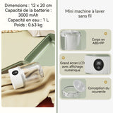 Mini machine à laver 3000mah 12x20cm 15w 1L lave-linge portable modes 5 minutes et 10 minutes pour chaussettes et sous-vêtements