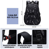 Sac à dos 47x35x19cm cartable enfant Cartable garçon léger grande capacité multi-compartiments fermeture éclair lisse noir mode
