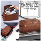 Trousse de toilette 25x14x13cm marron cuir synthétique crochet de suspension facile à transporter grande ouverture poche avant