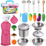 Accessoire cuisine enfant 25x19x13cm mini jouets de cuisine en acier inoxydable avec nourriture simulée tablier et chapeau roses