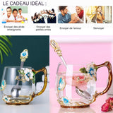 Verre 350ml Tasse à thé à fleurs en émail tasse d'eau verre domestique coffret cadeau verre chrysanthème bleu tasse à transparente