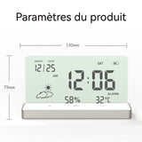 Réveil 13x7,5cm 0,12kg écran acrylique transparent date/température/humidité base en alliage d'aluminium batterie longue durée