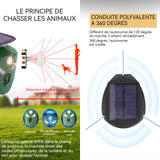 Repulsif chat ultrason IP44 détectable à 360 degrés sur trois côtés alimenté par l'énergie solaire batterie 2200mAh plusieurs modes